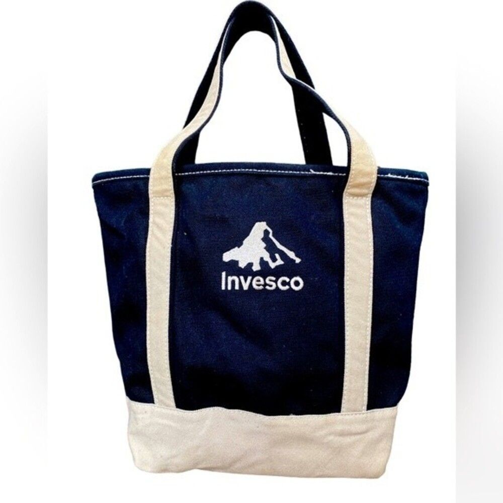 Lands End Vintage Beige & Blue  Heavy Cotton Canvas Multipocketed Tote Bag
